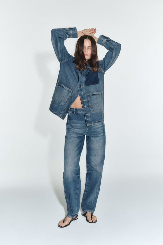 New Denim Jacket with Turn-down Collar and Big Pockets