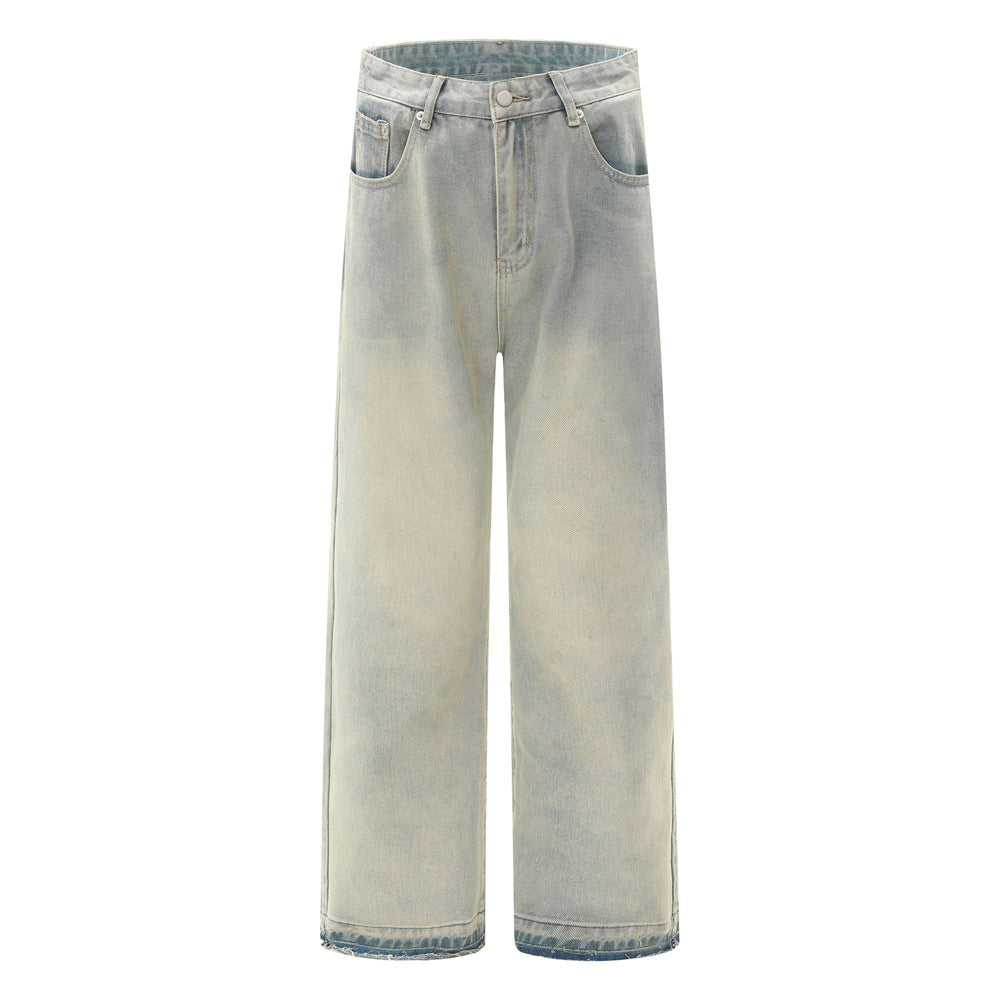 High Street Men's Distressed Hem Yellow Mud Color Casual Loose Fit Jeans