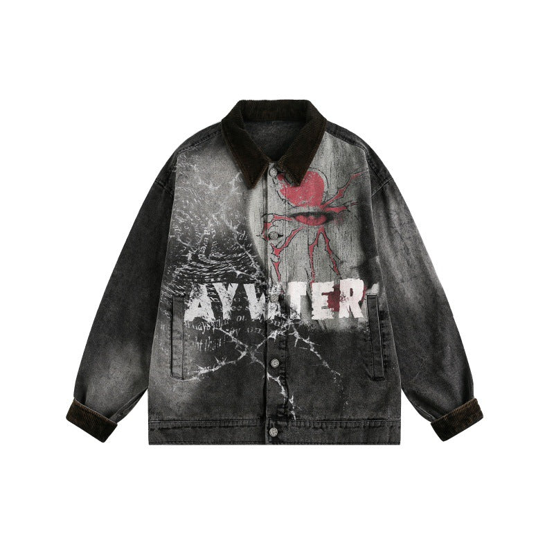 Dark Washed Graffiti Patchwork Loose Denim Jacket