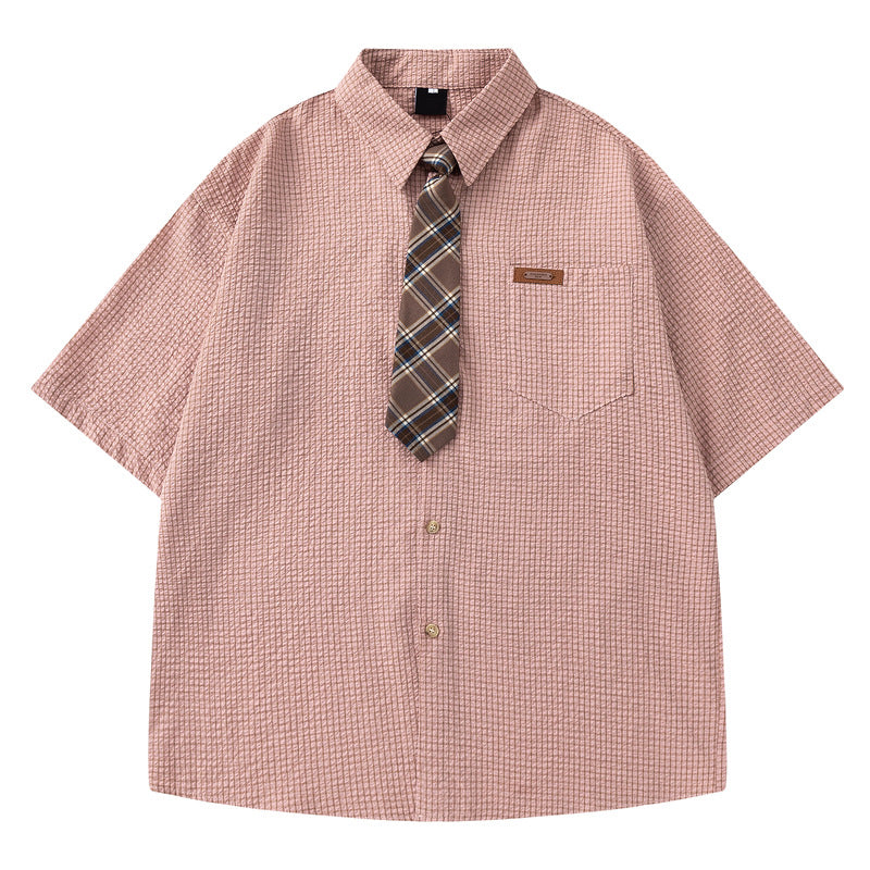 Loose College Style Plaid Pocket Casual Short Sleeve Shirt