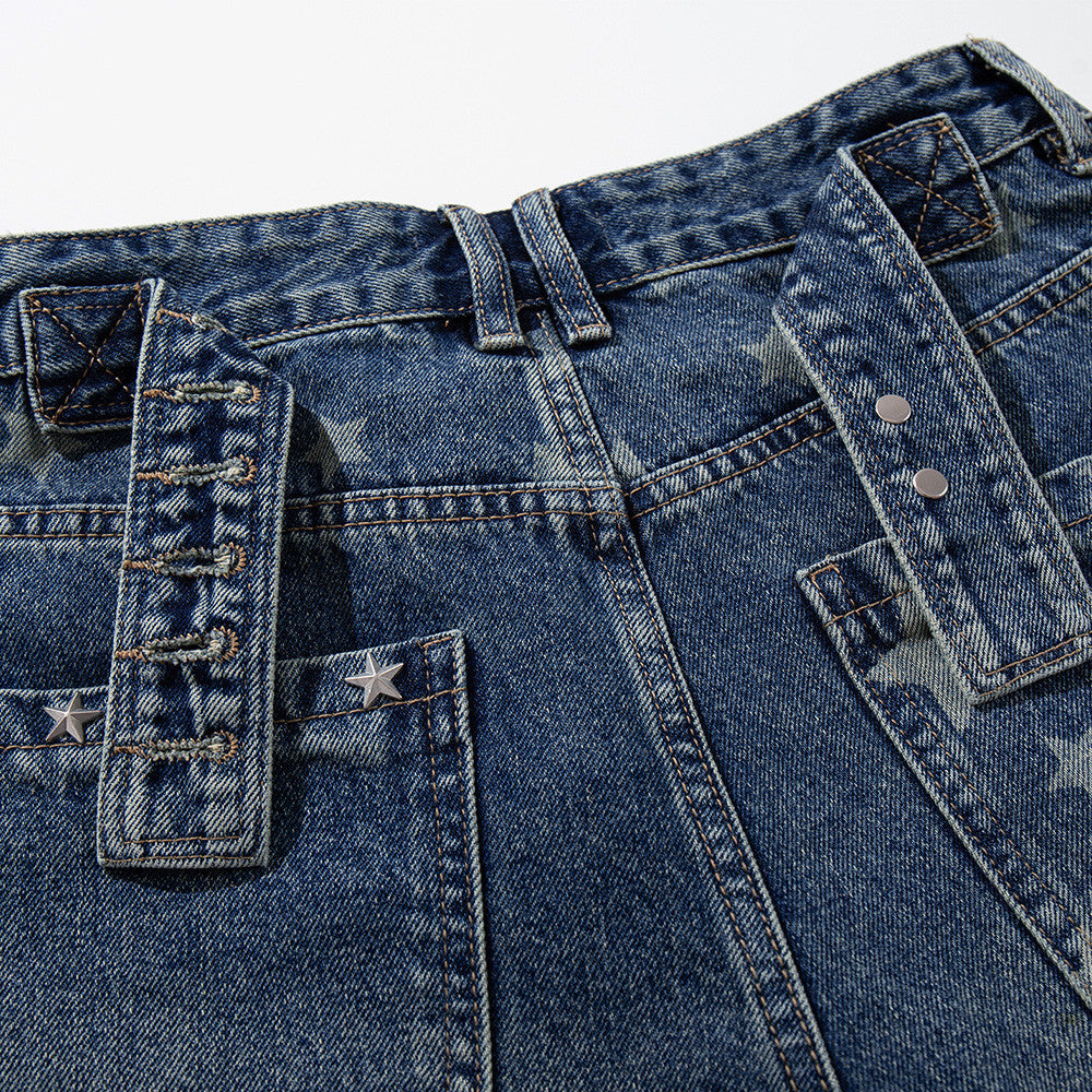 Blue Bleached Denim Shorts with Rhinestones and Distressed Details