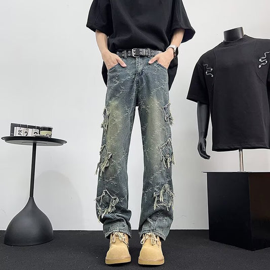 Star Jacquard Fringed Jeans - Premium Japanese Denim