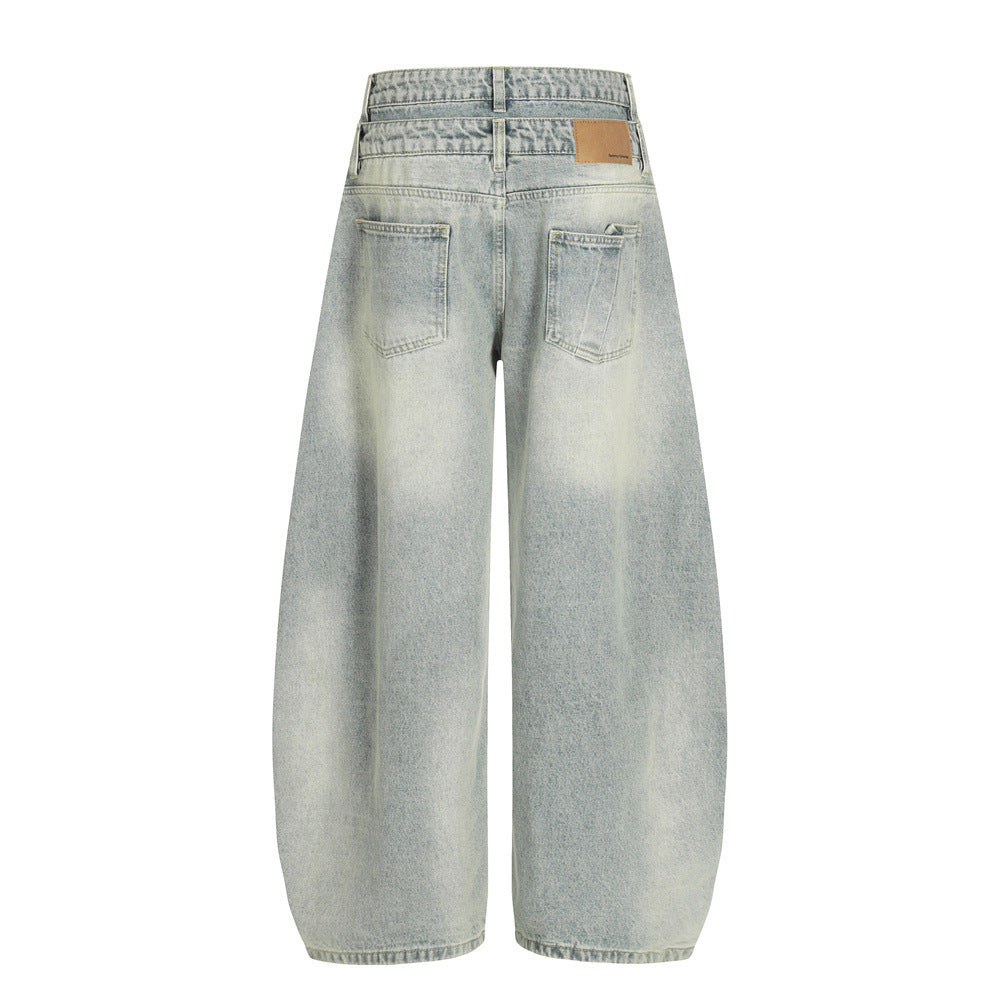Men's Jeans with Double Waistband, Faded Knife-Edge Design,  Brand, Loose Fit, New Men's Pants