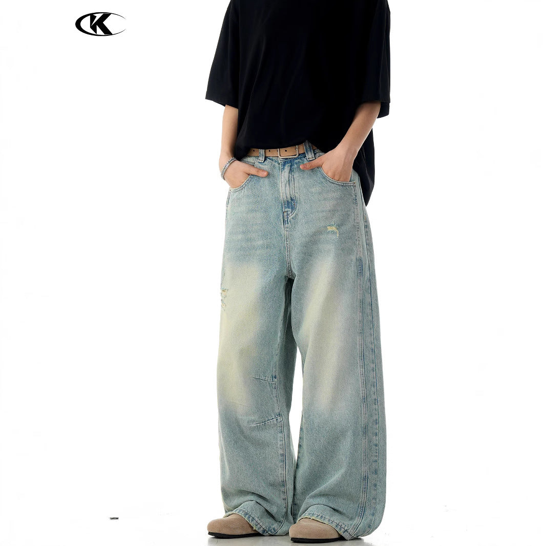 Water-Washed Knife-Cut Holes Slimming 3D Loose Casual Long Pants
