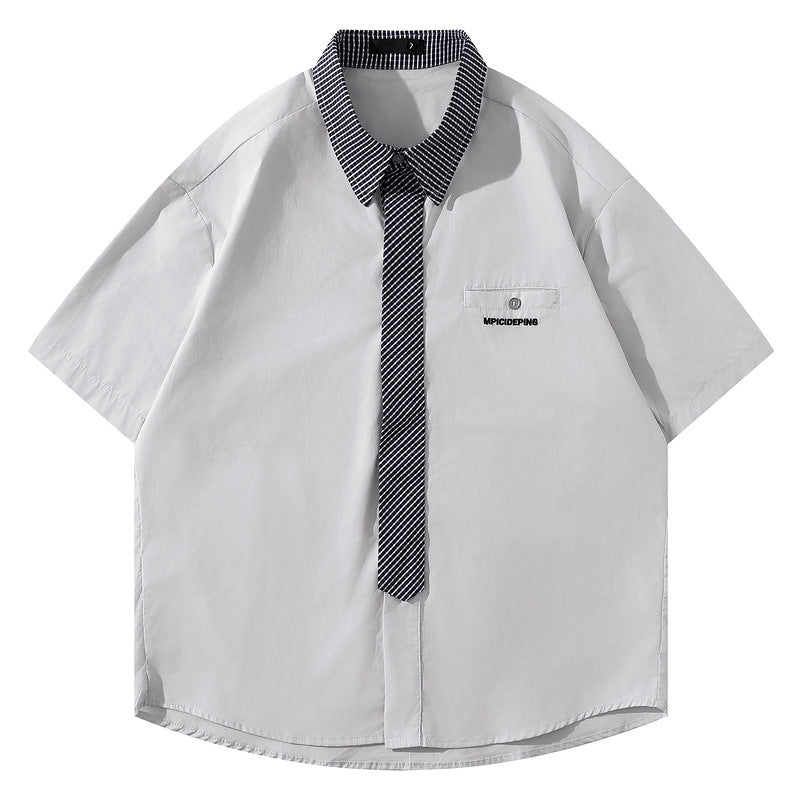 Short Sleeve Shirt for Men and Women, Loose Hong Kong Style Couple Tie Plaid Blouse