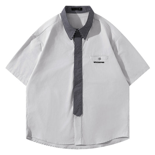 Short Sleeve Shirt for Men and Women, Loose Hong Kong Style Couple Tie Plaid Blouse