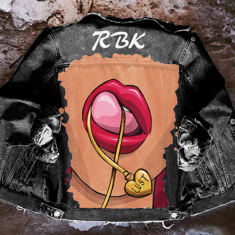 Women's Denim Jacket with Tongue Out Print