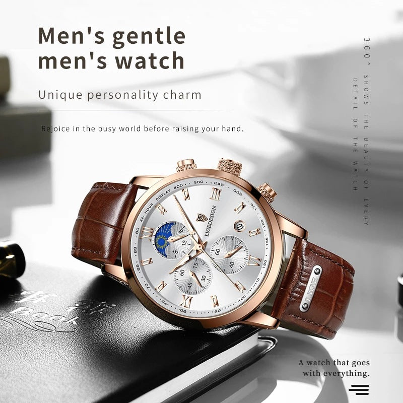 Men's Quartz Watch Multifunction Chronograph Moon Phase Quartz Movement Waterproof Watch
