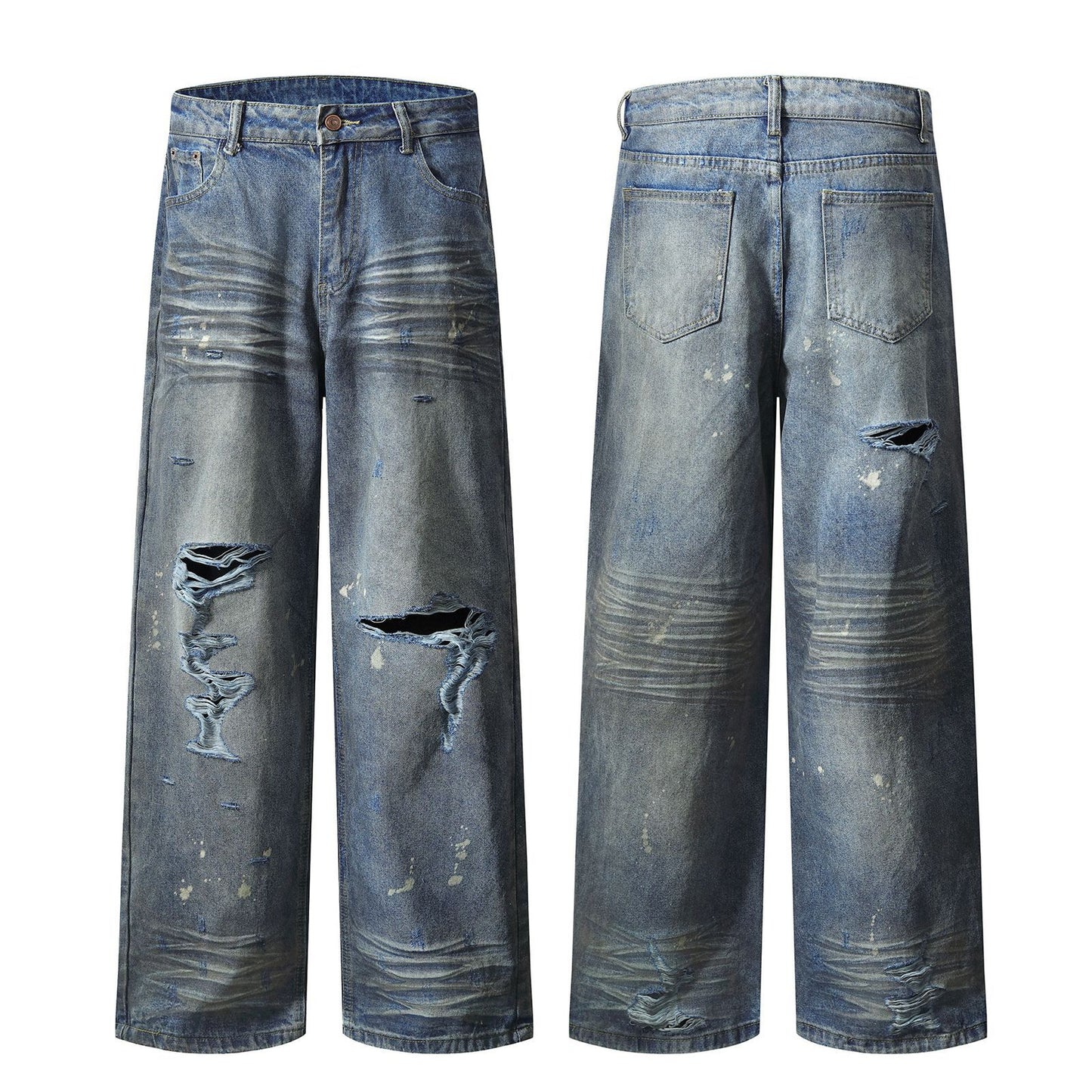Washed Distressed Splatter Ink Denim Pants - Long Straight Leg Trousers