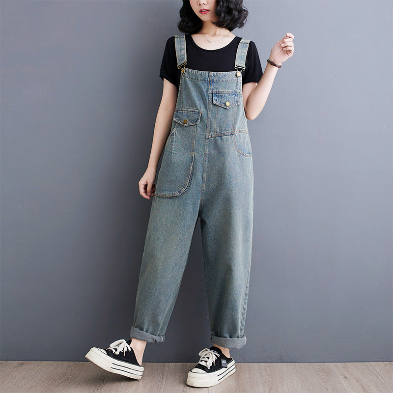 Women's Vintage Denim Jumpsuit - Loose Wide-Leg Romper with Pockets