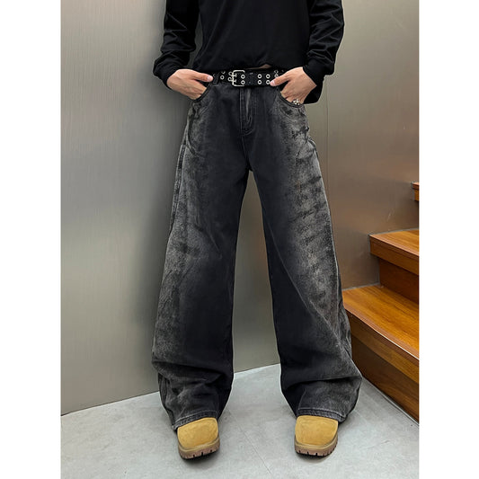 Street Washed Denim Tie Dye Loose Wide Leg Pants