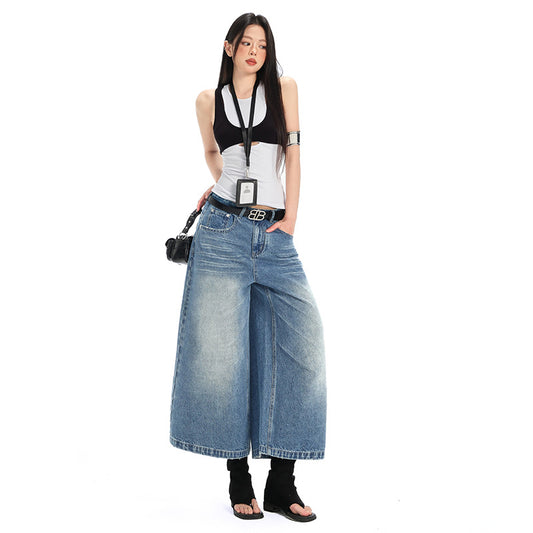 Women's Denim Cropped Pants - High Street Relaxed Fit Straight Leg