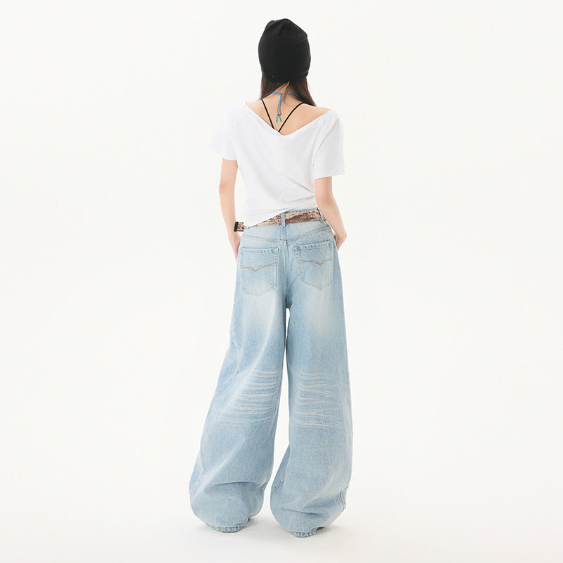 Washed Cat-Whisker Denim Pants for Women - Loose Drape Slimming Wide Leg