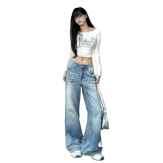 Light Blue Denim Pants Women - Water Washed Wide Leg Loose Straight Trousers