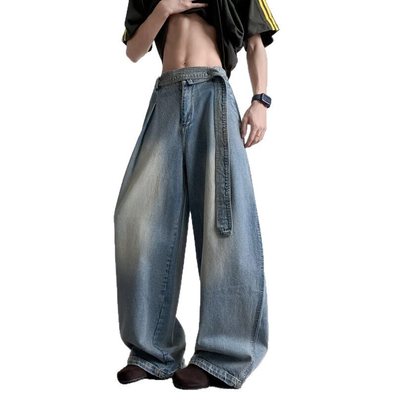 Strap Silhouette Wide Leg Curved Waist Belt Straight Leg Jeans