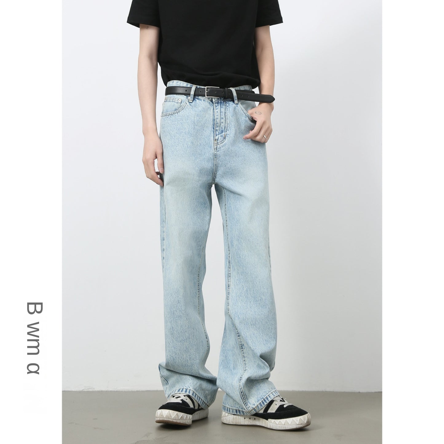 Basic Light Blue Denim Trousers for Men | Korean Style Loose Straight Leg Wide-Leg Long Pants
