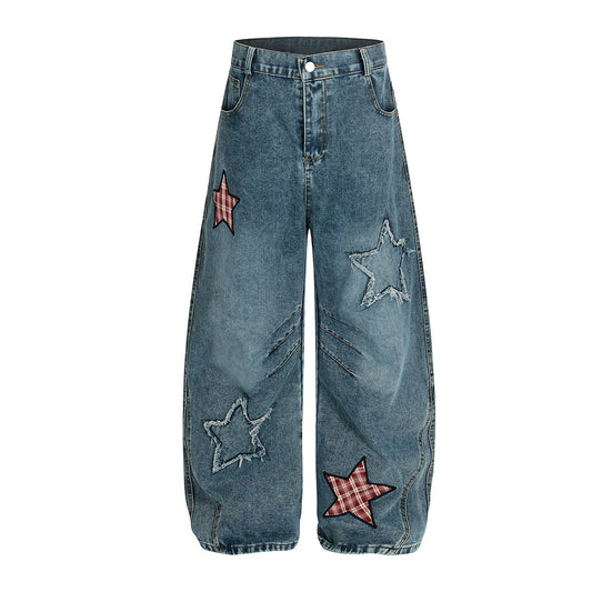 Embroidered Curved Knife Denim Vibe Loose Wide Leg Pants