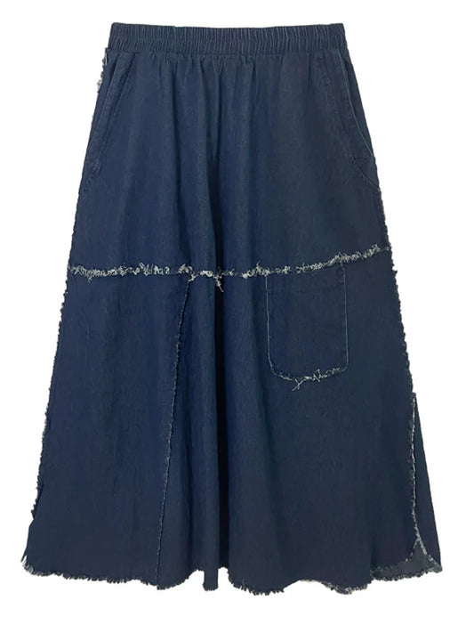High Elastic Waist Blue Denim Vintage Skirt for Women