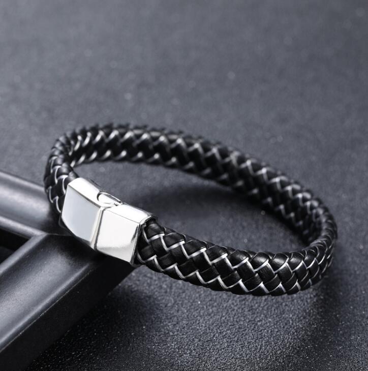 Braided Black Blue Leather Bracelet for Men with Stainless Steel Magnetic Clasp