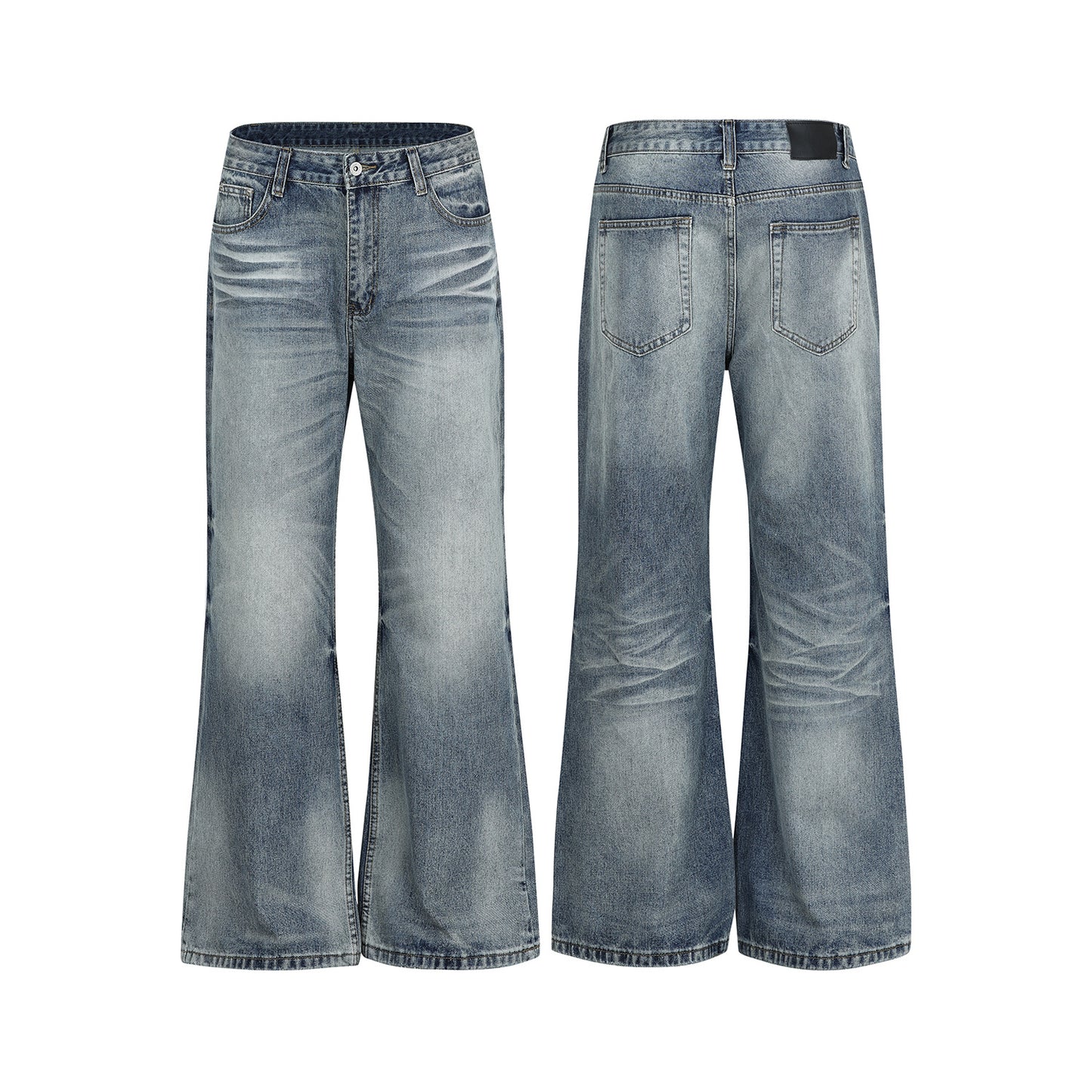 Vintage  Unisex Relaxed Fit Cat-Whisker Pattern Washed Blue Flared Denim Jeans for Men