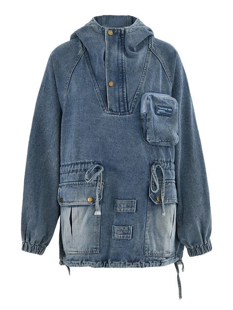 Casual Hooded Denim Jacket with Patchwork Pockets for Women