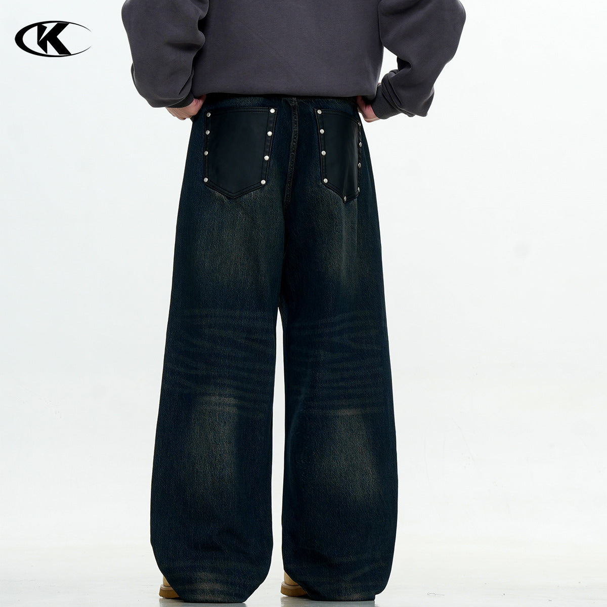 Water-Washed Distressed Loose Wide-Leg Rivet Punk Casual Long Pants