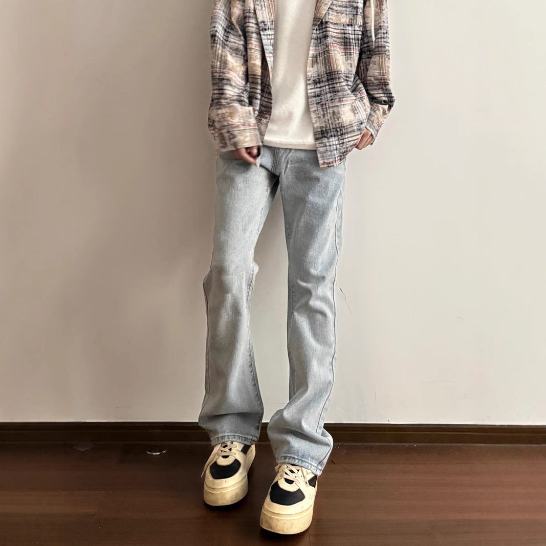 Flared Washed Basic Denim Pants for Men - Slim Straight Fit, High Street Casual Trousers