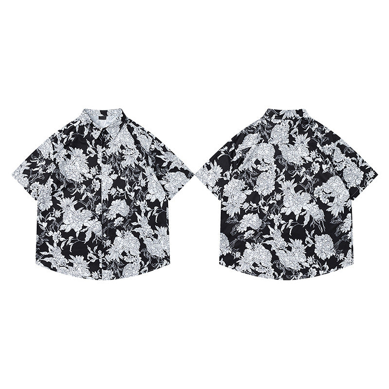Hawaiian Retro Dark Floral Casual Short Sleeve Shirt for Men