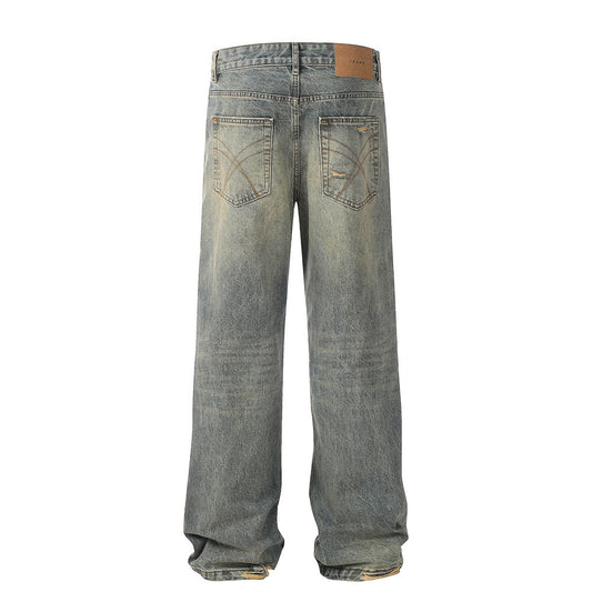 Washed Denim Straight Leg Pants With Holes In Blue For Casual Wear