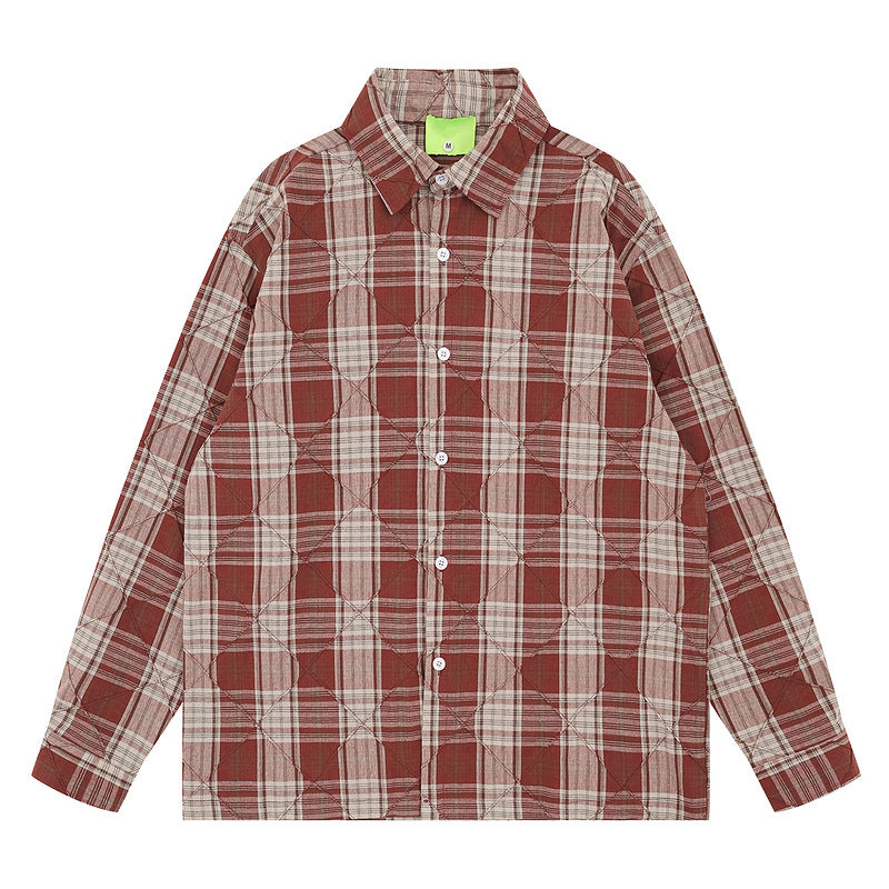 Pleated Design Wine Red Checkered Long Sleeve Shirt for Men