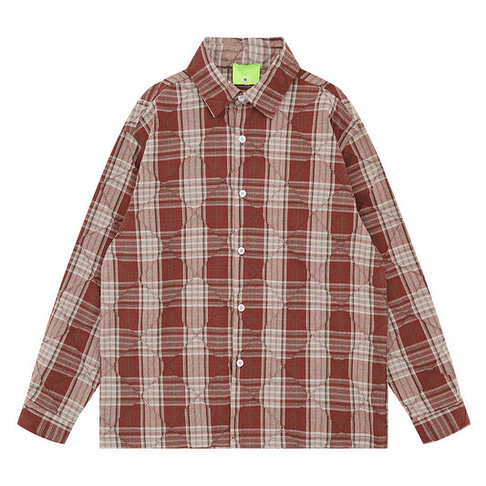 Pleated Design Wine Red Checkered Long Sleeve Shirt for Men