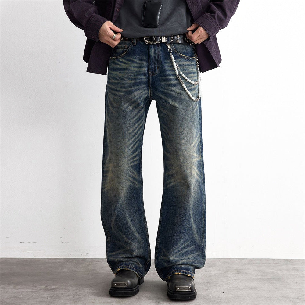 Men's Used Washed Loose-Fit Denim Jeans — Punk Zipper Fly Mid-Waist Blue