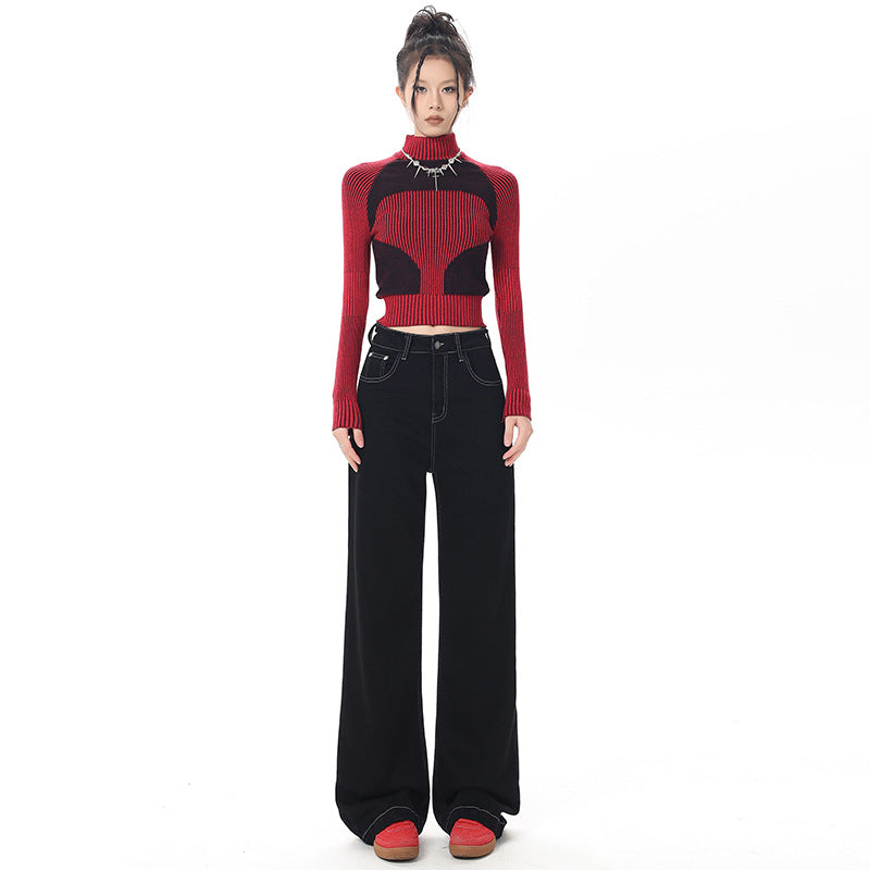 Women's Black Retro Wide Leg Jeans -  Loose Floor-Length Pants