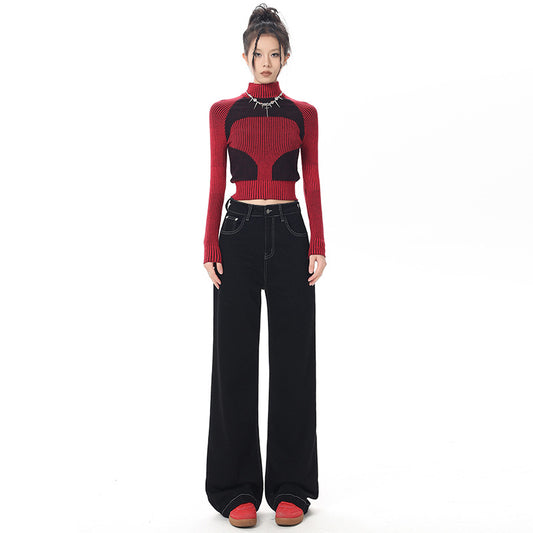 Women's Black Retro Wide Leg Jeans -  Loose Floor-Length Pants