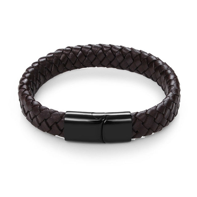 Men's Braided Leather Bracelet with Stainless Steel Magnetic Clasp