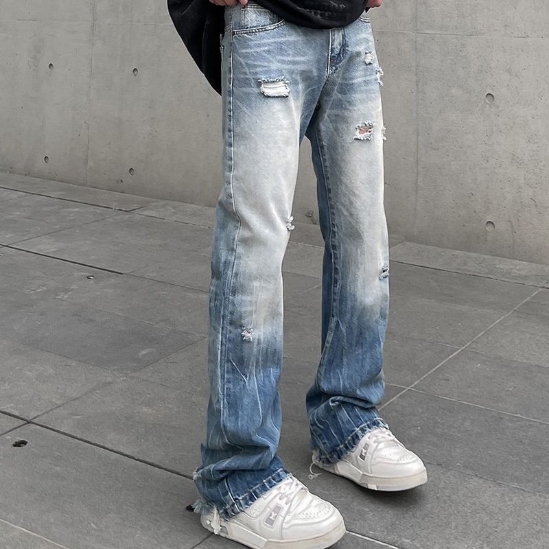 Distressed Washed Ripped Flared Jeans for Men