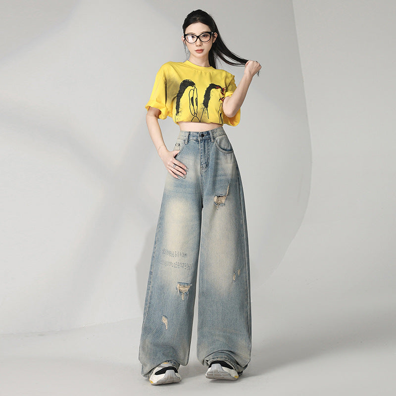 Distressed Washed Ripped Jeans for Women - Loose High Waist Slim Wide Leg Floor-Length Pants