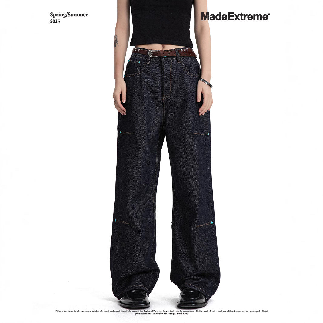 Deep Blue Straight Flared Wide Leg Denim Trousers