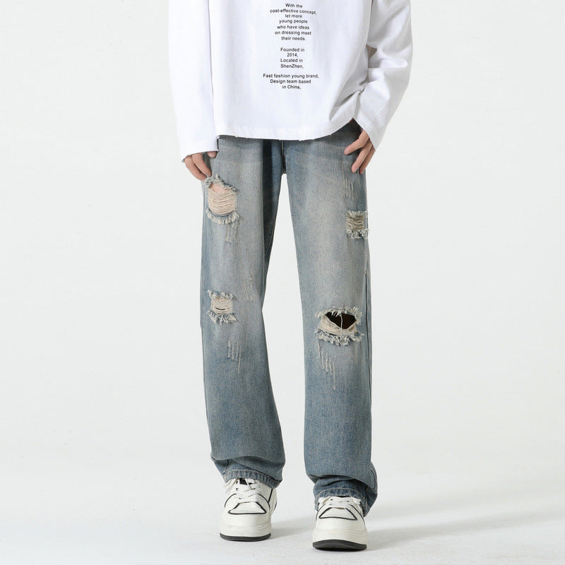 Men's Loose Straight Leg Trousers - Vintage Blue Wide Leg Pants