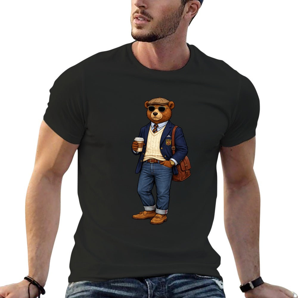Men's Oxford Denim Bear Short Sleeve Cotton Tee Black