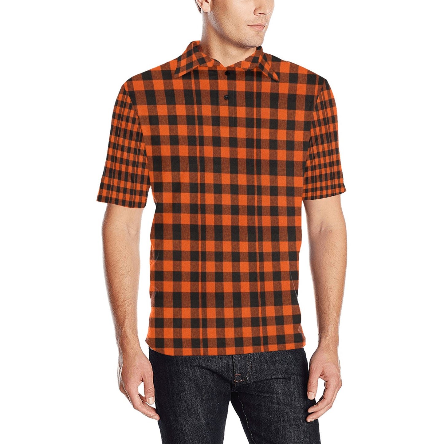 Burnt Orange and Black Checkered Pattern Men's All Over Print Polo Shirt