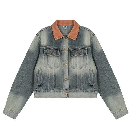 Vintage Washed Corduroy Collar Denim Jacket