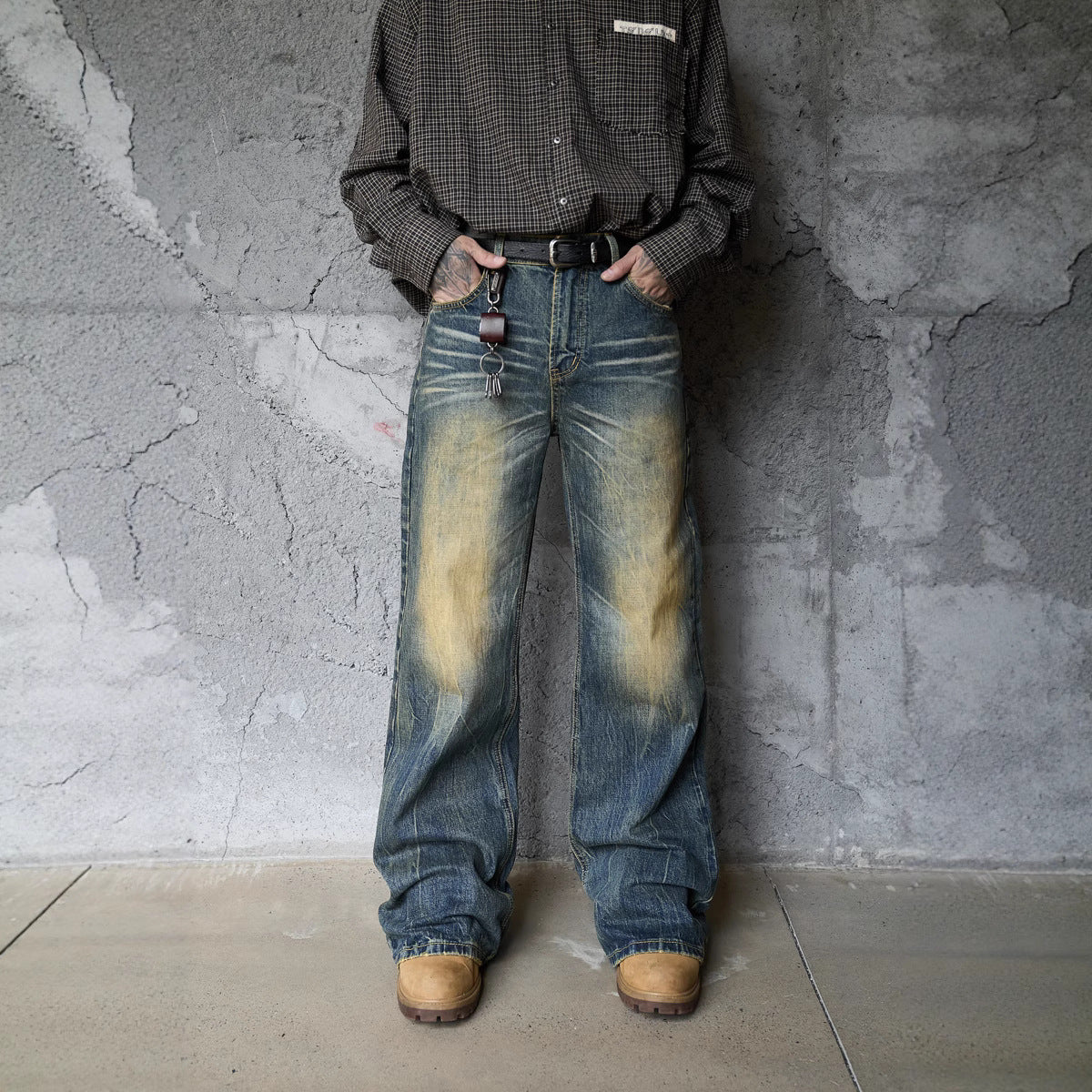 Washed Cat-Whisker Yellow Mud-Dyed Knife-Edge Jeans - Women’s Cleanfit Ripped Flared Pants