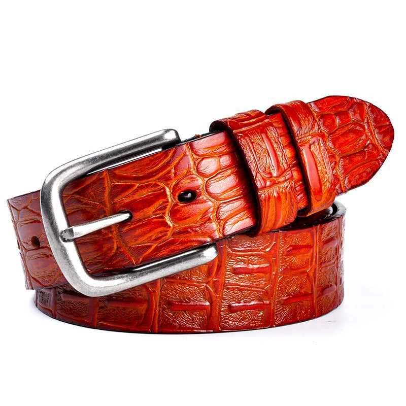 Men's Genuine Leather Crocodile Pattern Belt with Retro Pin Buckle