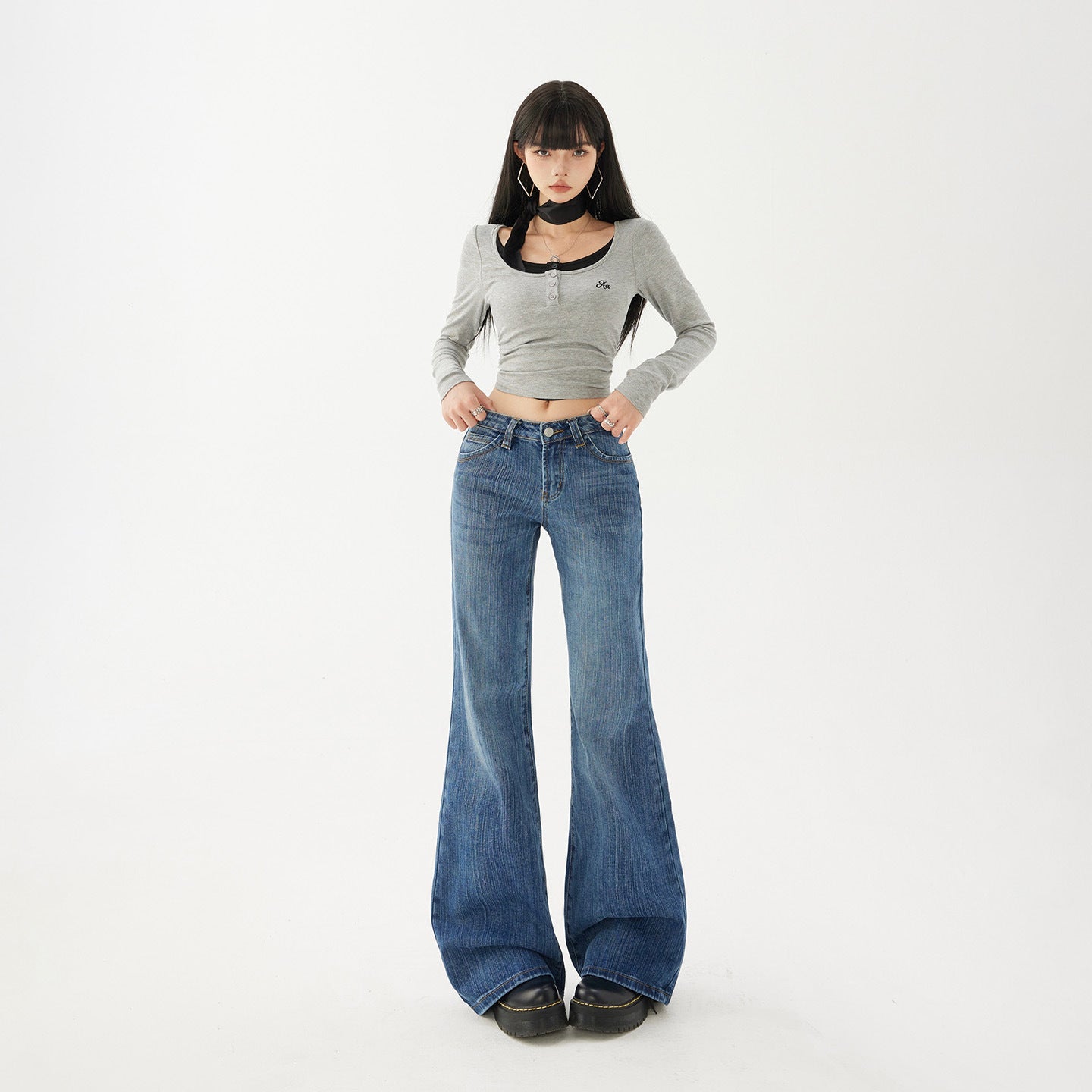 Women's Pattern Low Waist Flared Jeans - Non-Clinging Loose Trumpet Pants