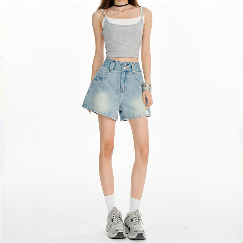 Light Blue High-Waisted A-Line Denim Shorts for Women