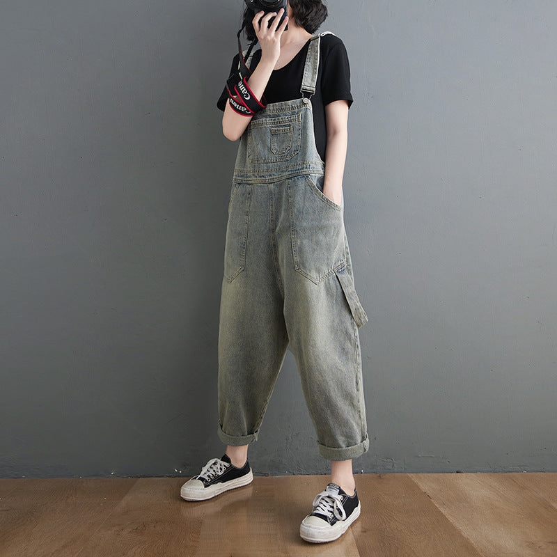 Vintage Women's Denim Jumpsuit with Pockets, Loose Fit, Retro Style, Spaghetti Straps, Ankle-Length