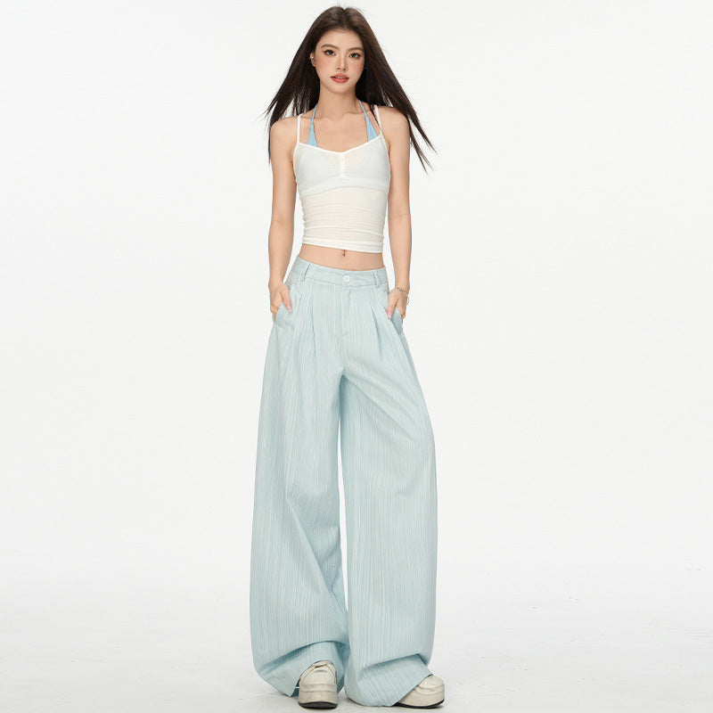 Women's Mint Blue High-Waisted Loose Pleated Denim Straight Leg Wide-Leg Pants