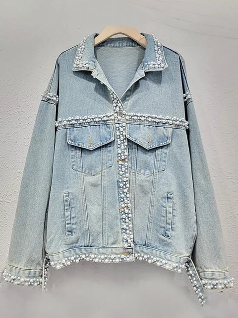 Women's Light Blue Denim Jacket with Pearl Embroidery and Flares