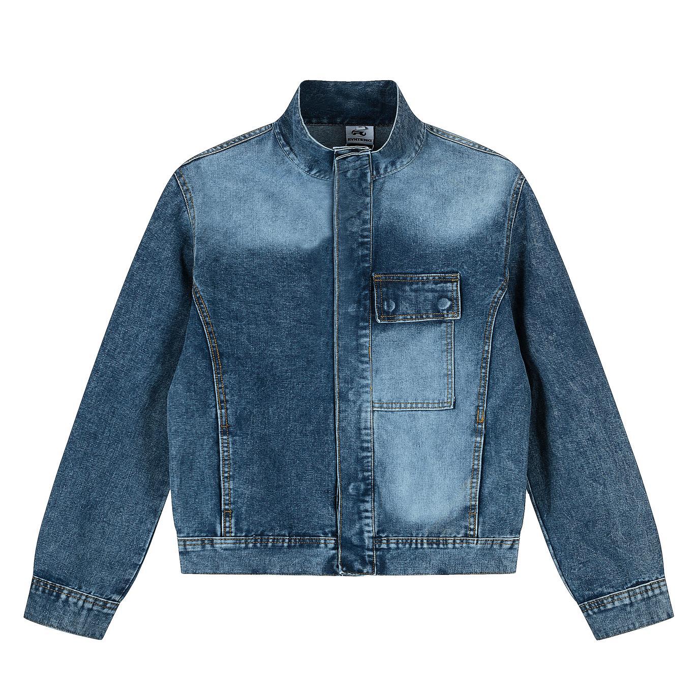 Vintage Washed Denim Jacket with Stand-Up Collar